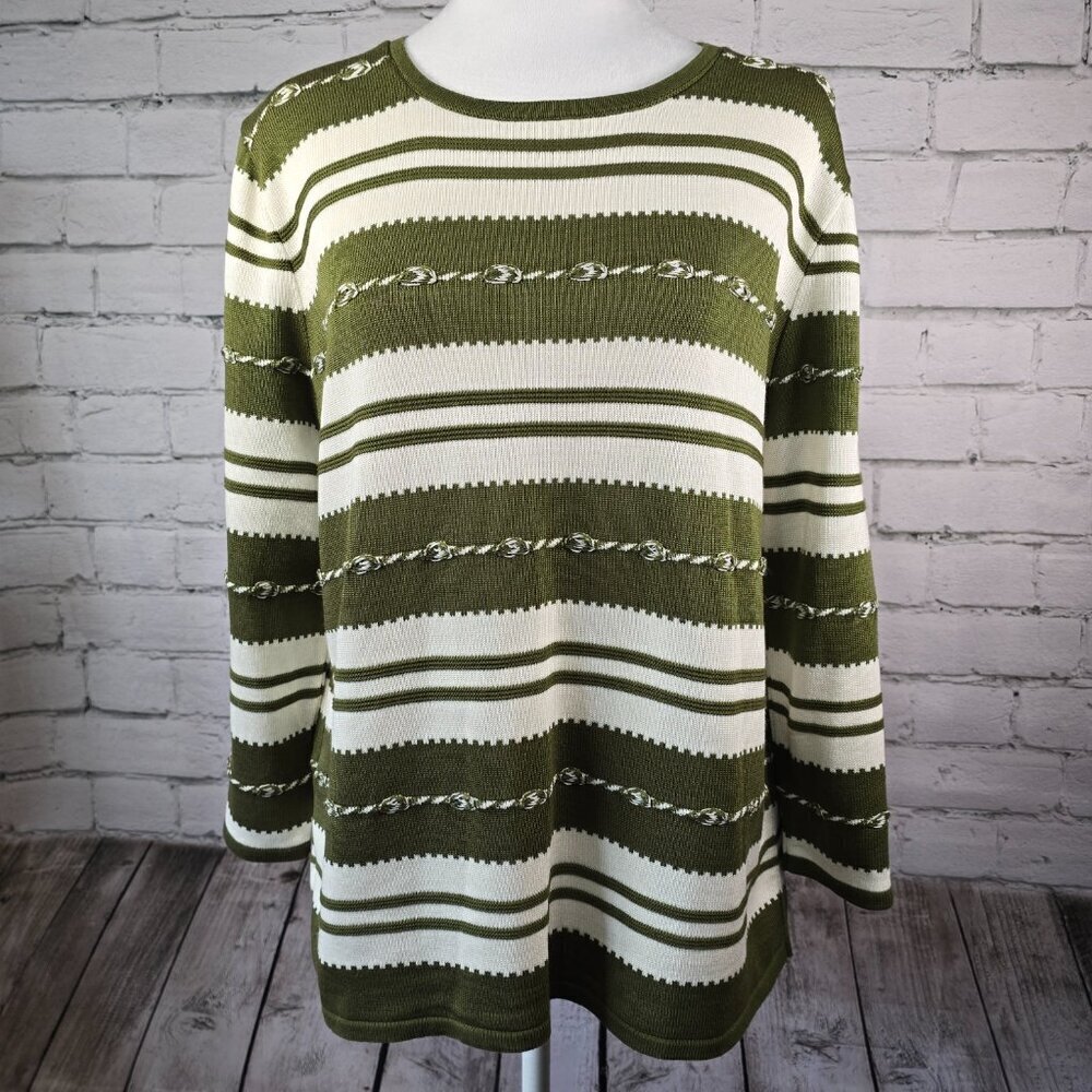 WOMENS ALFRED DUNNER BOLD STRIPED SWEATER DARK OLIVE AND CREAM SIZE MED EUC